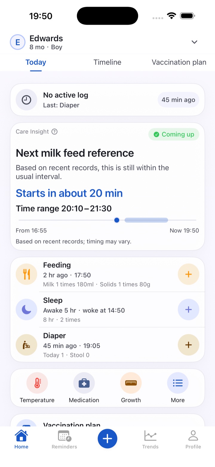 Edwards’s care insight showing a feeding reference window starting in about 20 minutes and recent care summaries.