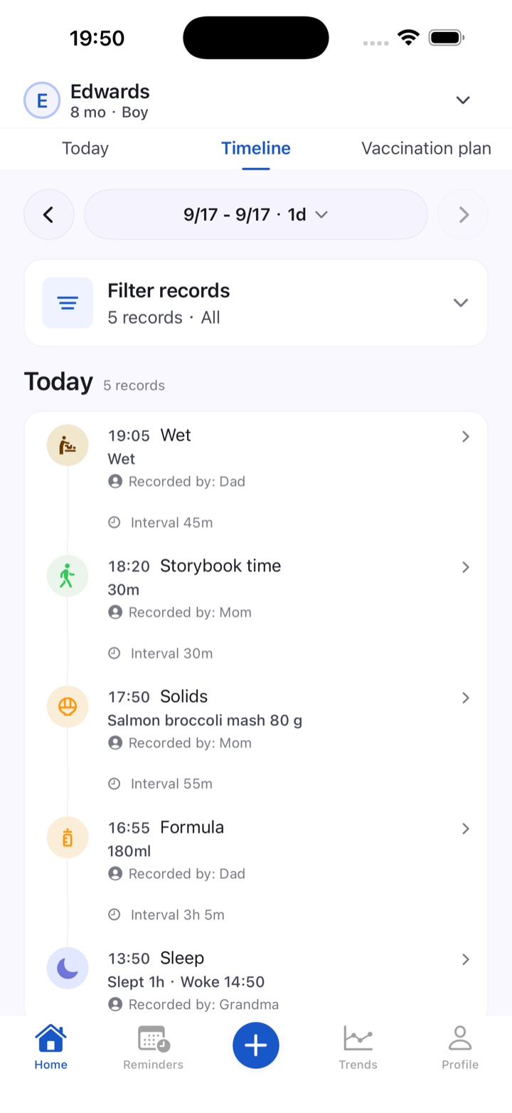 Shared care timeline showing feeding, sleep and activity records by Dad, Mom and Grandma.